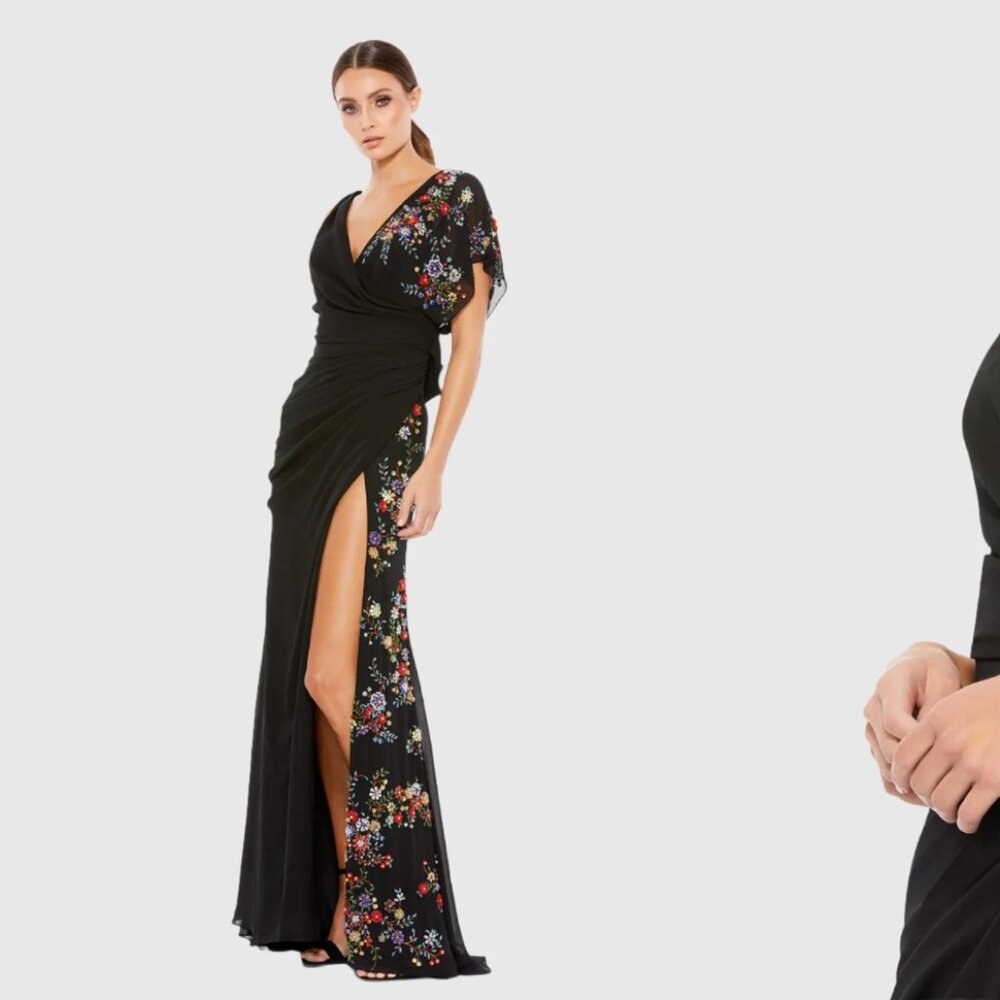 Faux Wrap Multi Colored Beaded Floral Gown